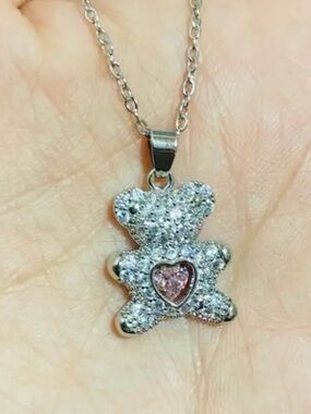Teddy Pendant Necklace with Pink Heart Accent